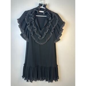 See by Chloe Polka Dot Ruffle Plissé Georgette Shift Dress Black Sz 38 US 6